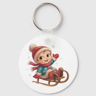 Chaveiro Carona de trenó de Natal com uma criança de invern
