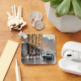 Chaveiro Carro Azul Vintage na paisagem urbana florida