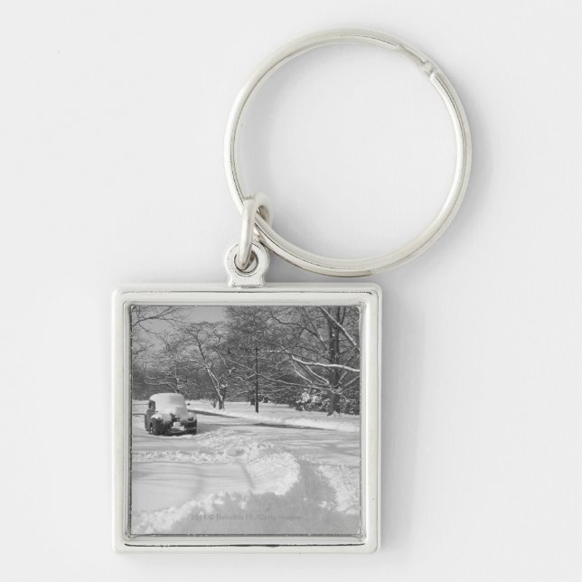 Chaveiro Carro tampado neve na rua B&W (Frente)