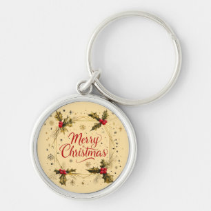 Chaveiro Cartão de Natal Clássico e Feliz com Holly Design