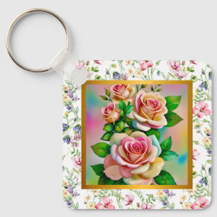 Chaveiro Cartão de Rosa em Aquarela Elegante para o Dia das