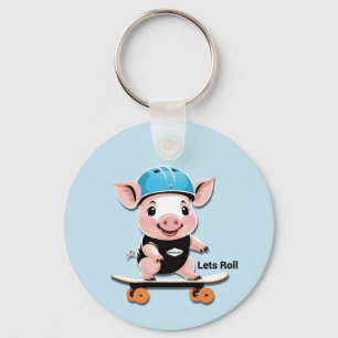 Chaveiro Cartoon Baby Pig Dirigindo Um skate.