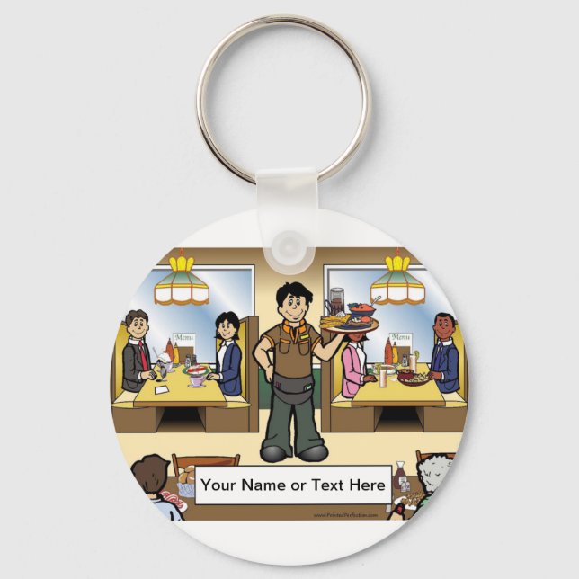 Chaveiro Cartoon de Dining Casual do Garçom por PrintedPerf (Frente)