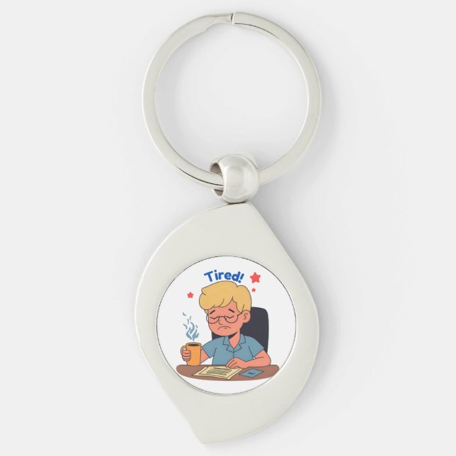 Chaveiro Cartoon do Office Worker Cansado - Café e Trabalho (Frente)