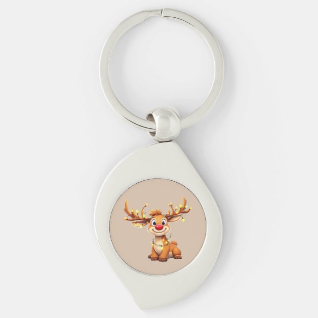 Chaveiro Cartoon reindeer with red nose and lights (Frente)