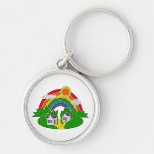 Chaveiro Cartoon rural com arco-íris e casa de campo