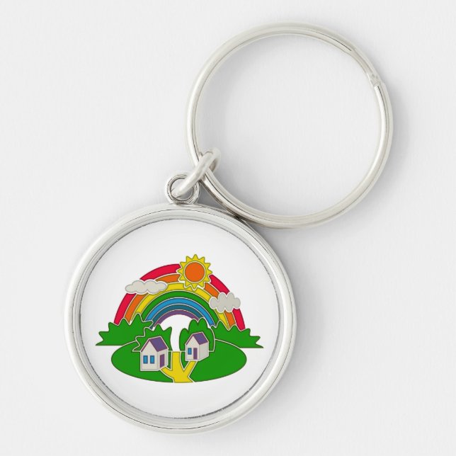 Chaveiro Cartoon rural com arco-íris e casa de campo (Frente)