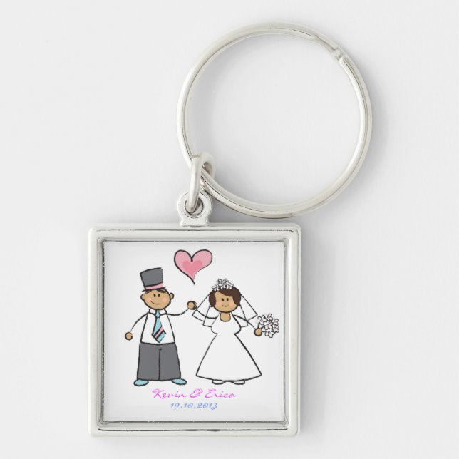 Chaveiro Cartoon Wedding Casal Bride & Groom Pink Heart (Frente)