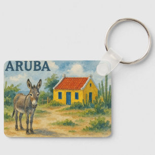 Chaveiro Casa cunucu amarela de Aruba com burro aquarela