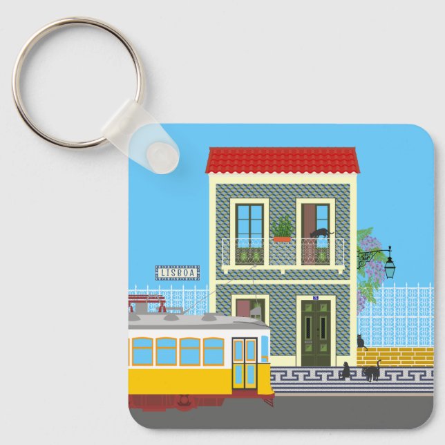 Chaveiro Casa velha de Lisboa com gatos e elétrico amarelo (Frente)