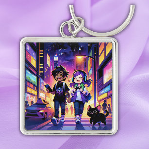 Chaveiro Casal de jogos animados com seu gato  