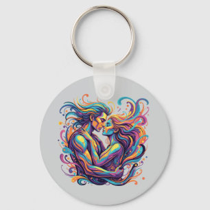 Chaveiro Casal Vibrante Abraço Arte Fluida Psicodélica