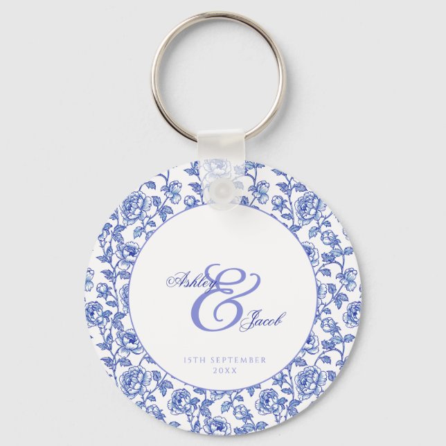 Chaveiro Casamento de Ampersand Floral Azul Elegante (Frente)