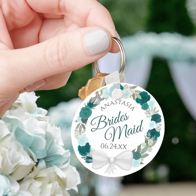 Chaveiro Casamento De Bridesmaid Elegante Teal Floral Wreat (Criador carregado)