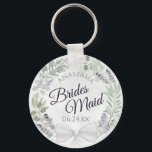 Chaveiro Casamento de Bridesmaid Eucalyptus e Lavanda Wreat<br><div class="desc">Estas chaveiros são desenhadas para oferecer como favores às damas de honra na sua festa de casamento. Eles apresentam um design de aquarela, pintado à mão rústica, com uma coroa de folhas de eucalipto e flores lavandas em tons de roxo, menta, musgo e verde-sábio. O texto é escrito em letras...</div>