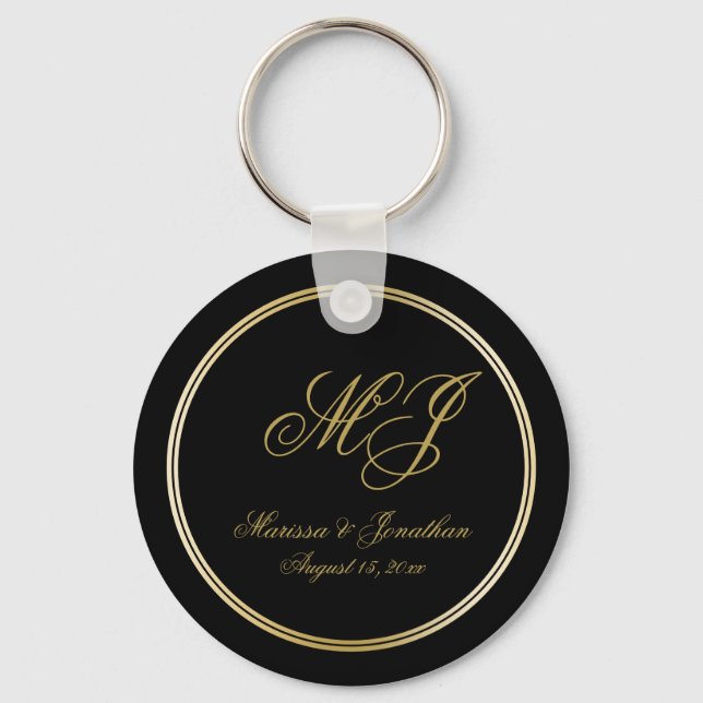 Chaveiro Casamento de Script Dourado Monograma Preto Elegan (Frente)