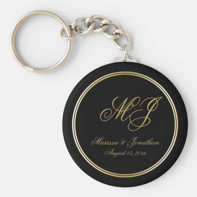 Chaveiro Casamento de Script Dourado Monograma Preto Elegan (Frente)