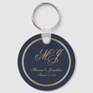 Chaveiro Casamento de Script Monograma Azul Dourado Elegant