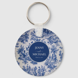 Chaveiro Casamento Elegante Branco Azul de Toile de Jouy