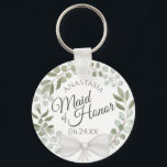 Chaveiro Casamento Eucalyptus Wreath madrinha de casamento<br><div class="desc">Estes chaveiros são projetados para oferecer um favor ou um presente para a Madrinha de casamento na sua festa de casamento. Eles apresentam um design de cor d'água pintado à mão rústica com uma coroa de eucalipto e folhagem em tons de menta, musgo e sábio verdes. O texto é escrito...</div>