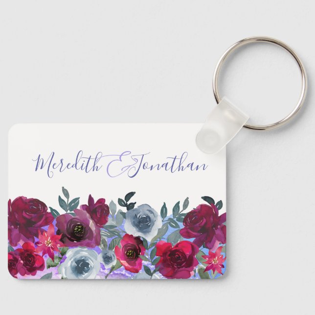 Chaveiro Casamento Floral Azul Verde da Burgundy Elegante (Frente)
