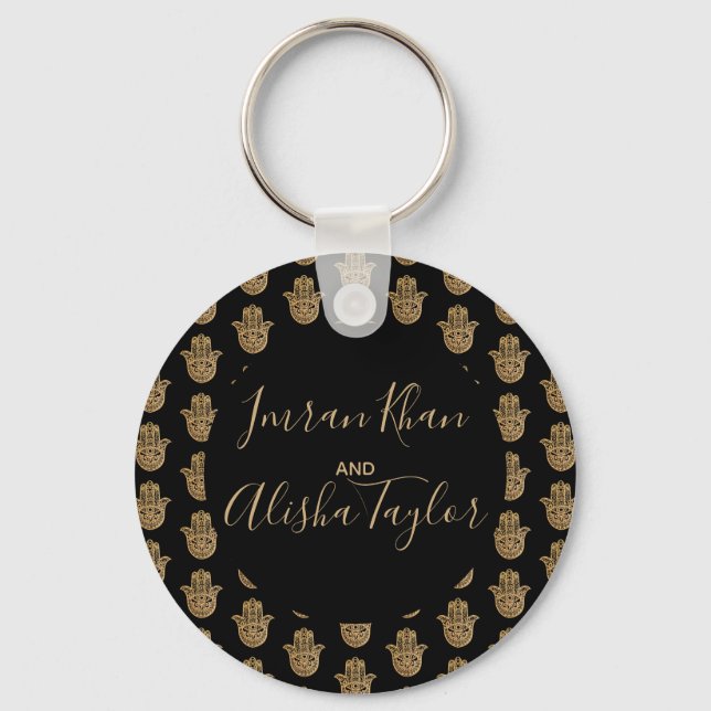 Chaveiro Casamento Indiano Salve a data Dourada hamsa Henna (Frente)