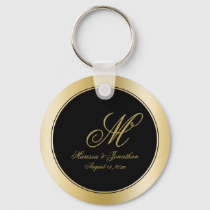 Chaveiro Casamento Preto com Script Monograma Dourado Elega