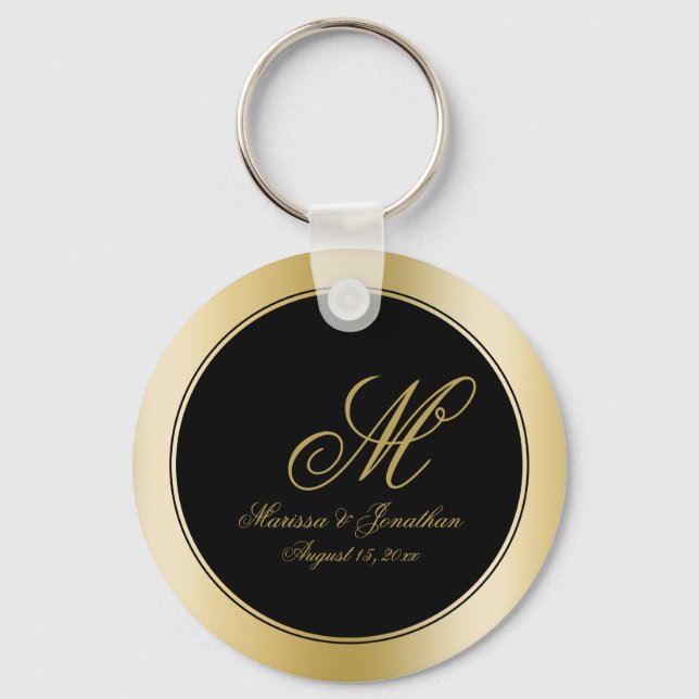 Chaveiro Casamento Preto com Script Monograma Dourado Elega (Frente)
