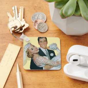 Chaveiro Casamento vintage recém-casados, noiva feliz e noi