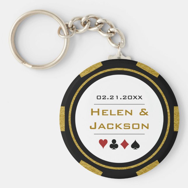 Chaveiro Casino Poker Chip Dourado Preto Favor do Casamento (Frente)