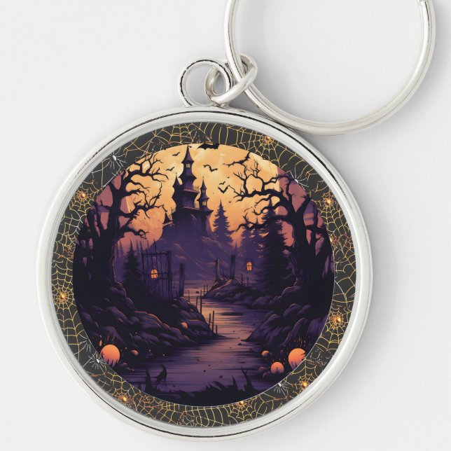 Chaveiro Castelo de Halloween com Bats, Pumpkins e Aranha-t (Frente)