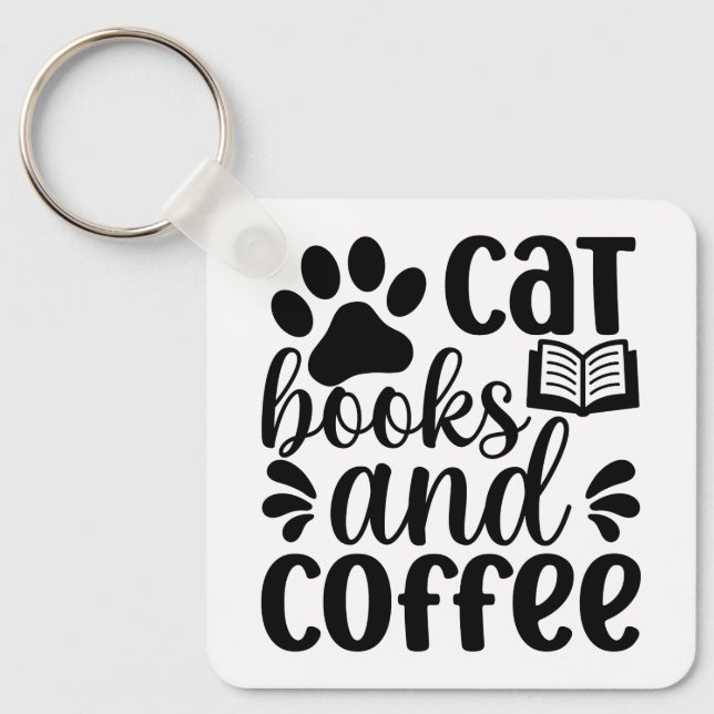 Chaveiro "Cat Books and Coffee" Cute Typography (Frente)