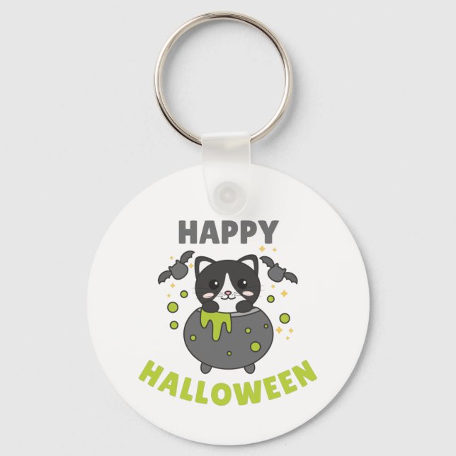 Chaveiro Cat Happy Halloween Cauldron Bat (Frente)