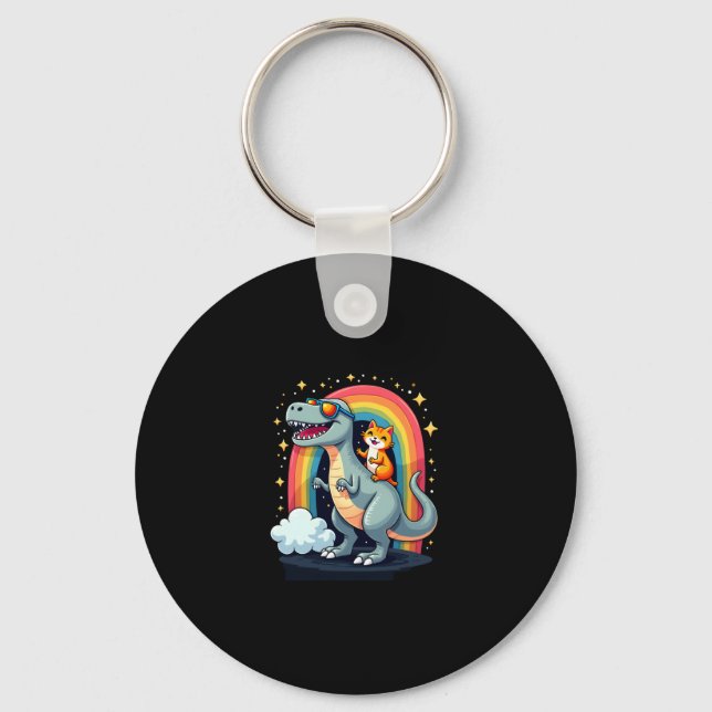 Chaveiro Cat Riding Dinosaur T-Rex Kitten Rainbow Dino Funn (Frente)