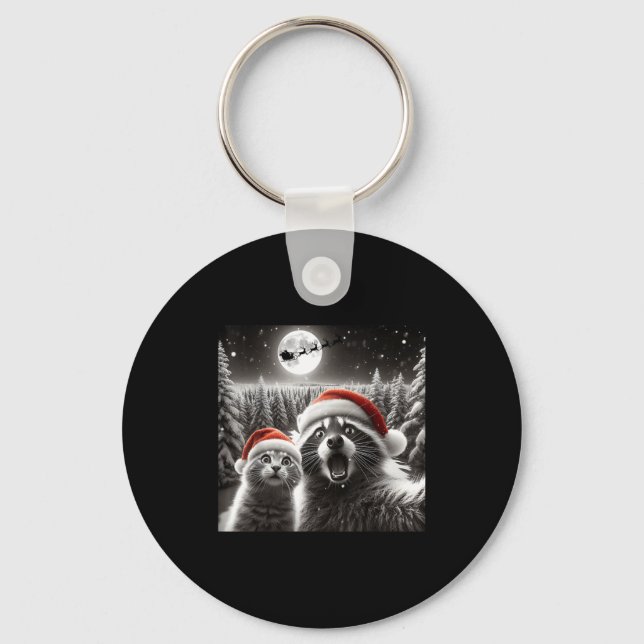 Chaveiro Cat Selfie Racoon Funny Santa Christmas Dog  (Frente)