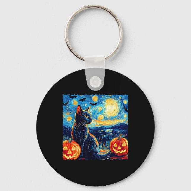 Chaveiro Cat Starry Night Van Gogh Cat Bats Pumpkins (Frente)