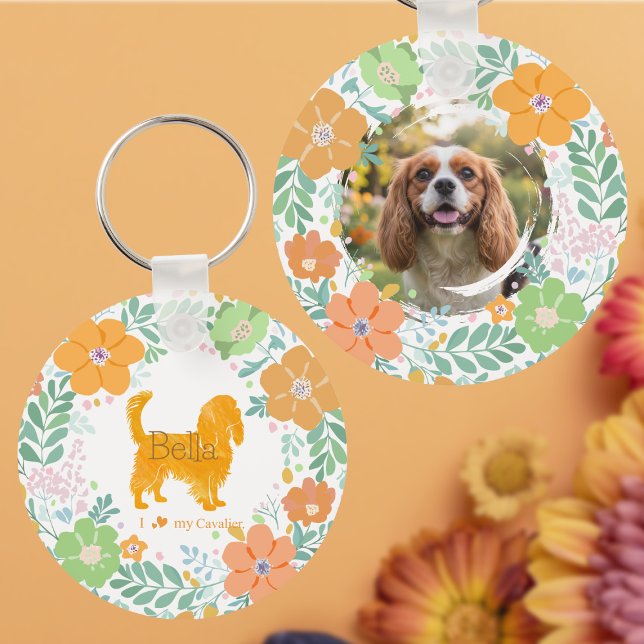 Chaveiro Cavalier King Charles Spaniel Pastel Orange Flower (Criador carregado)
