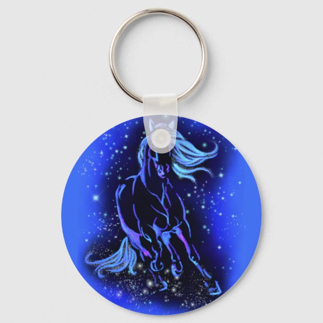 Chaveiro Cavalo Azul Neon Correndo À Lua À Noite Estrelada (Frente)