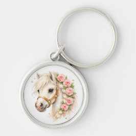 Chaveiro Cavalo Branco em Aquarela Elegante com Rosa‑B