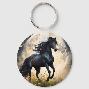 Chaveiro Cavalo De Fantasia Negra Em Frente À Lua,