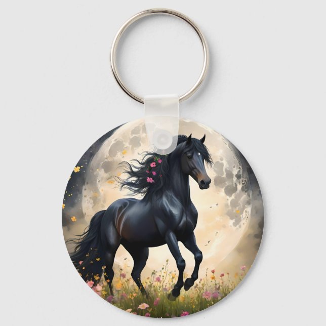 Chaveiro Cavalo De Fantasia Negra Em Frente À Lua, (Frente)