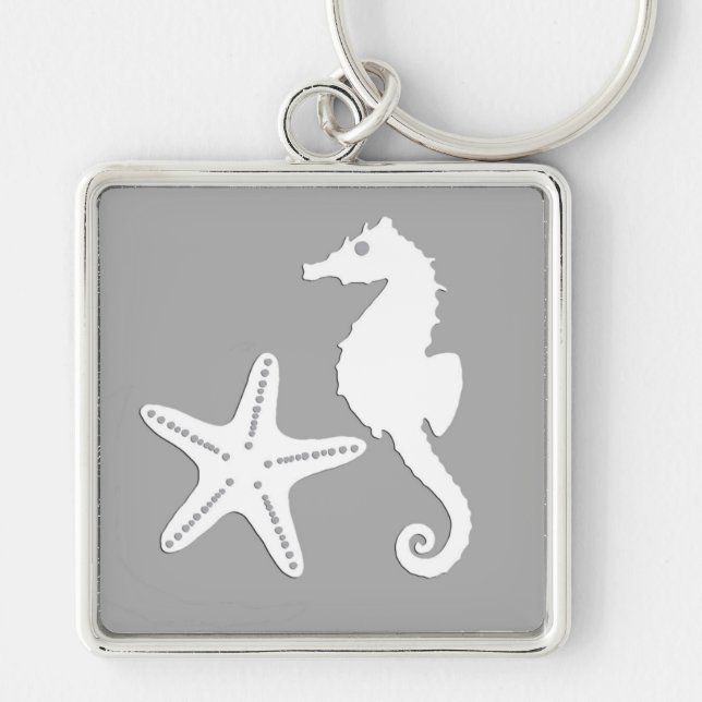 Chaveiro Cavalo-do-mar e estrelas-do-mar - brancas em cinza (Frente)