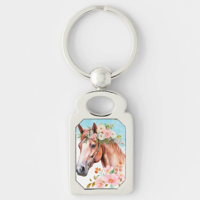 Chaveiro Cavalo em Aquarela e Flores (Frente)