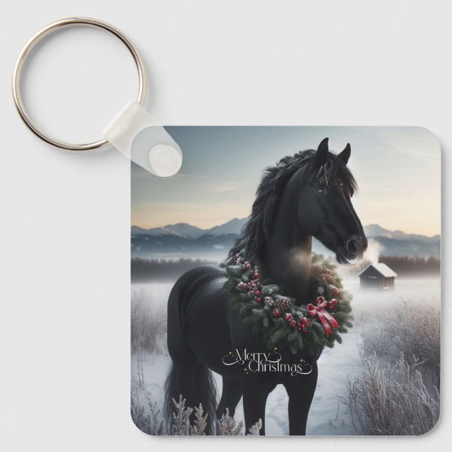 Chaveiro Cavalo negro na neve com coroa de Natal (Frente)