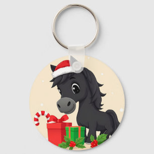 Chaveiro Cavalo Preto de Desenho Animado Festivo Com Chapéu