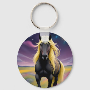 Chaveiro Cavalo Preto Majestoso com Crina Dourada Fluindo