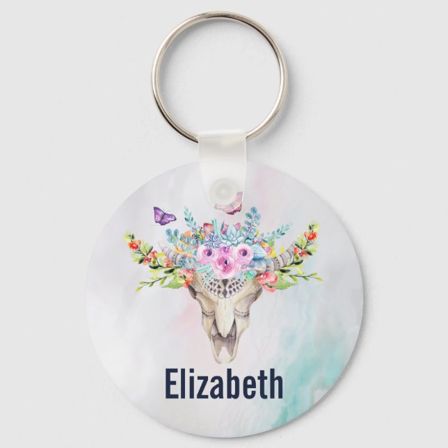 Chaveiro Caveira Animal Boho com Borboletas e Flores (Frente)