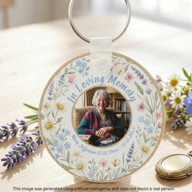 Chaveiro Celebração de Vida com Memórias da Primavera em Fo (Soft lavender floral photo keychain for a grieving family at a spring celebration of life service.)