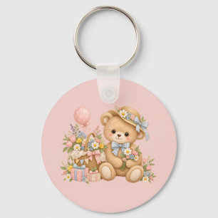 Chaveiro Celebração do Urso de Pelúcia Vintage com Flores S