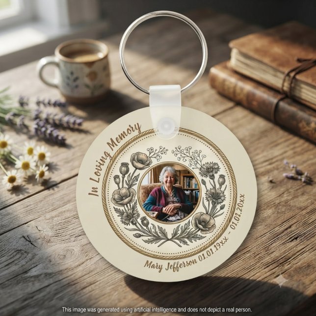 Chaveiro Celebração Memorial Botânico Vintage da Vida (Vintage floral photo keychain for a grieving family to wear at a celebration of life service.)
